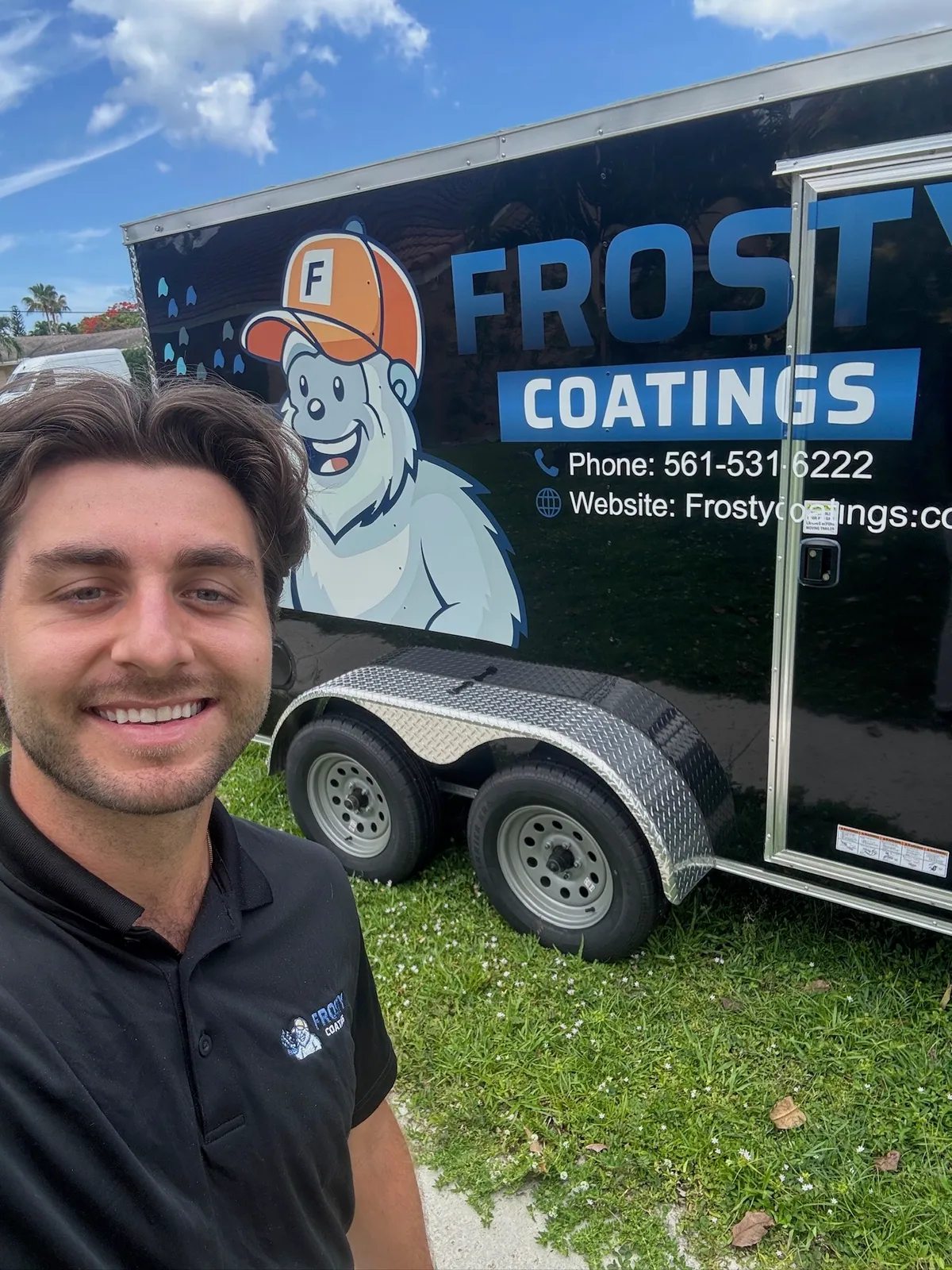 A Frosty Coatings installer at the trailer at the start of a job