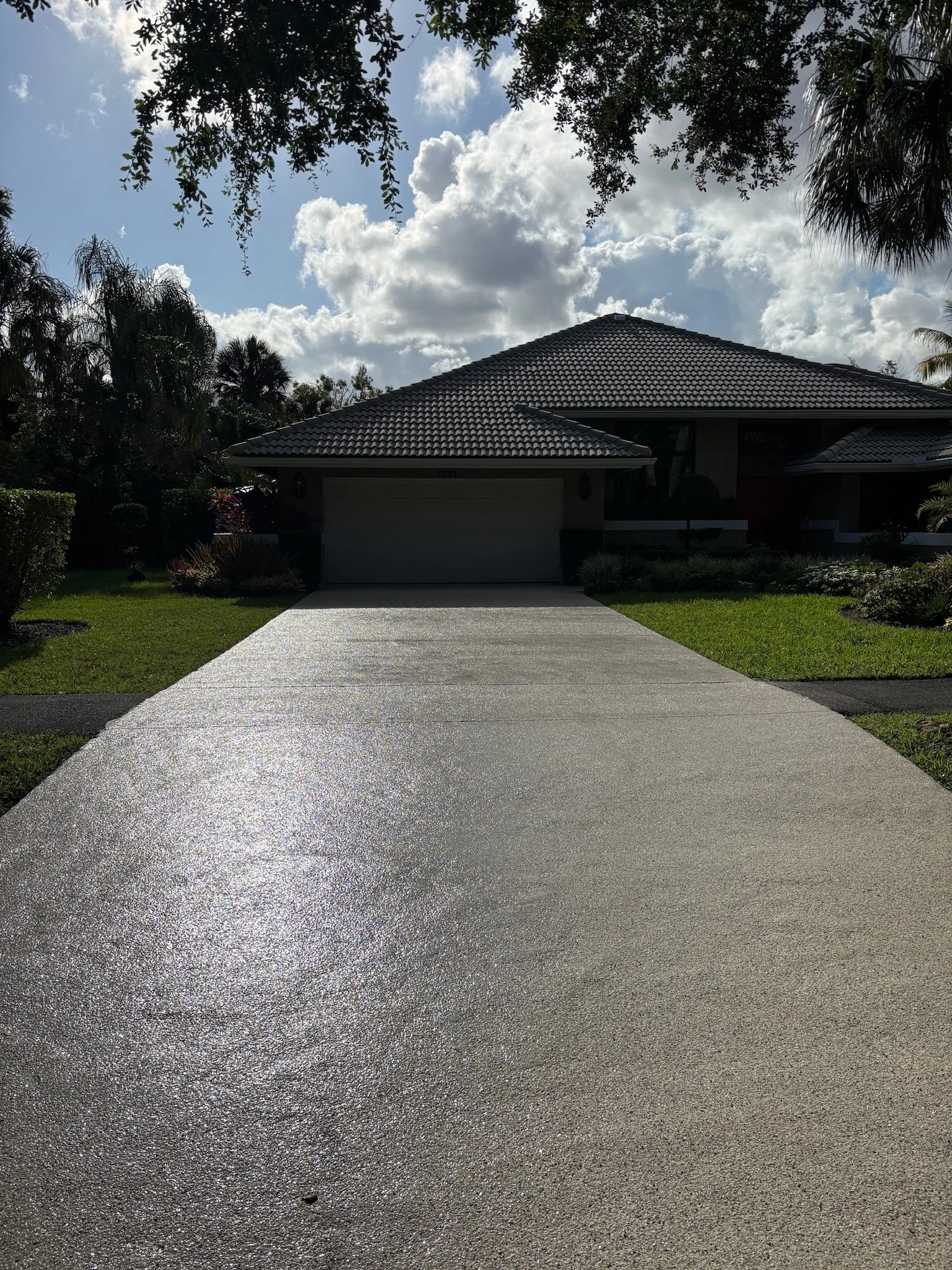A long driveway coated in a light flake system, running up to the house