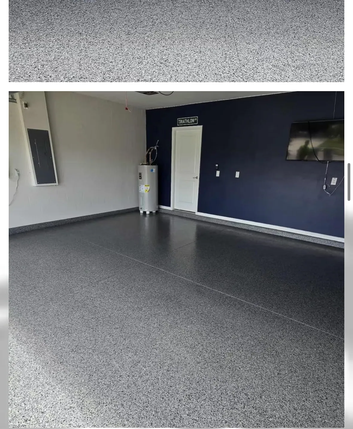 Garage floor in a grey flake against a navy accent wall